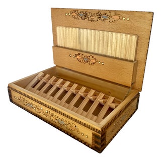 Bulgarian Handpainted Wooden Cigarette Box with Original Sticker, 1950s For Sale