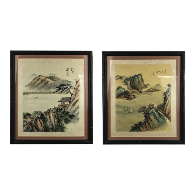 Framed Original Watercolor Paintings Asian Landscapes a Pair For Sale