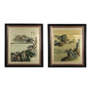 Framed Original Watercolor Paintings Asian Landscapes a Pair