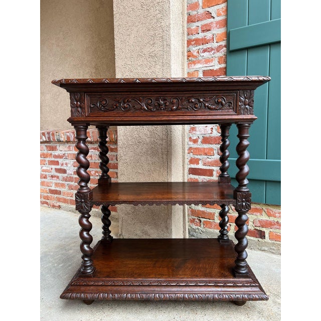 Antique English Server Console Table Jacobean Carved Oak Barley Twist c1900. Direct from England, a striking and highly...