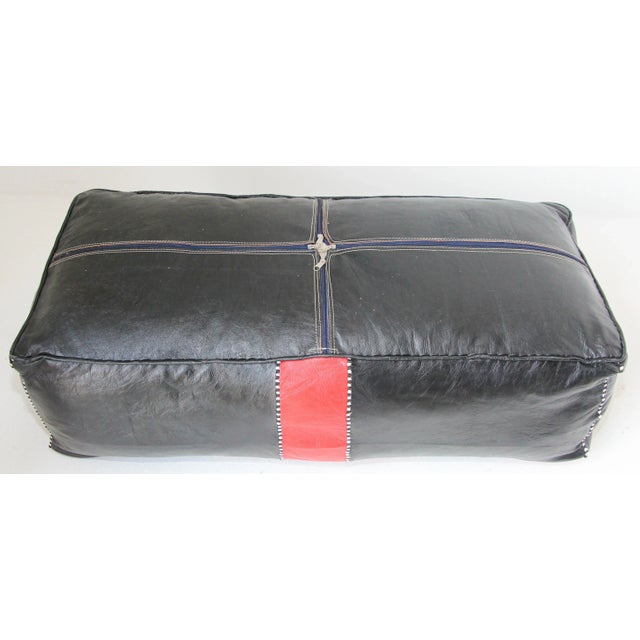 Textile Large Moroccan Red and Black Leather Rectangular Pouf Ottoman For Sale - Image 7 of 12