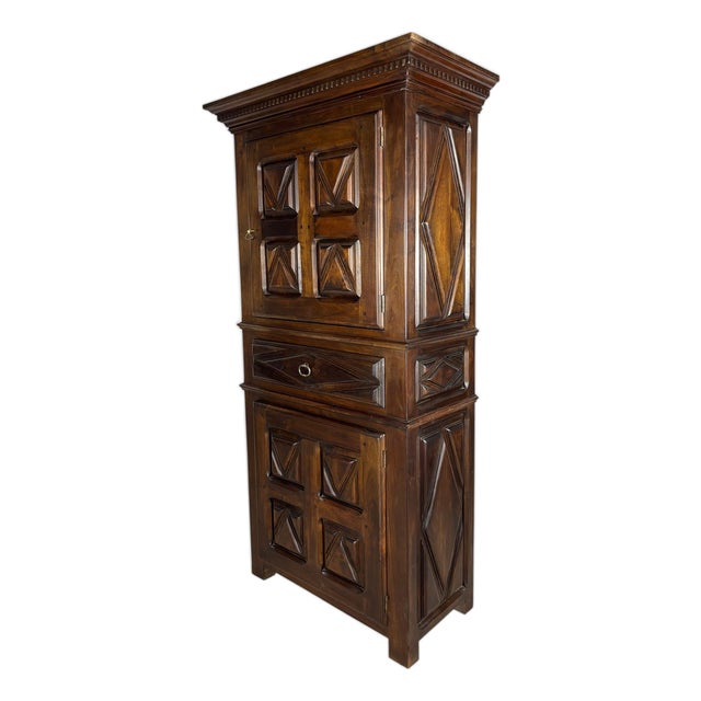 Early 20th Century Spanish Renaissance Style Walnut Cabinet with Geometric Carve For Sale