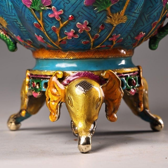Late 20th Century Cloisonné Enamel Censer With Dragon Handles and Floral Motifs For Sale - Image 9 of 9