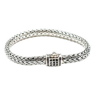 Mid 20th Century Bali Design 7-Inch Woven Sterling Silver Black Sapphire Bracelet With 18k Gold For Sale