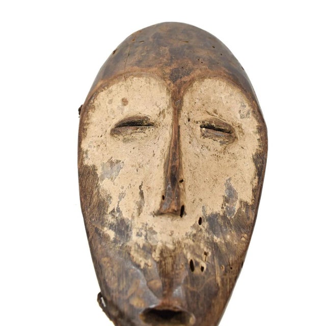 Lega masks, wooden and featuring elongated faces with a central ridge, almond-shaped eyes, and symbolic geometric...