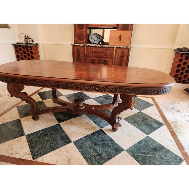 Wood Antique Renaissance Revival Inlay Dining Table For Sale - Image 7 of 17