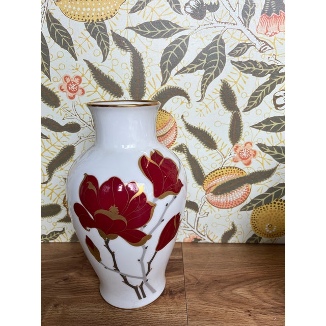 Ceramic Vintage Ceramic Okura China, Inc White Vase With Red Flowers, Box Included For Sale - Image 7 of 9