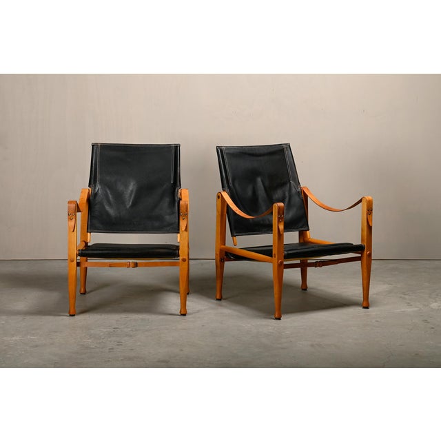 Rud Rasmussen Set of Safari Chairs in Black Leather and Ash by Kaare Klint for Rud Rasmussen For Sale - Image 4 of 18