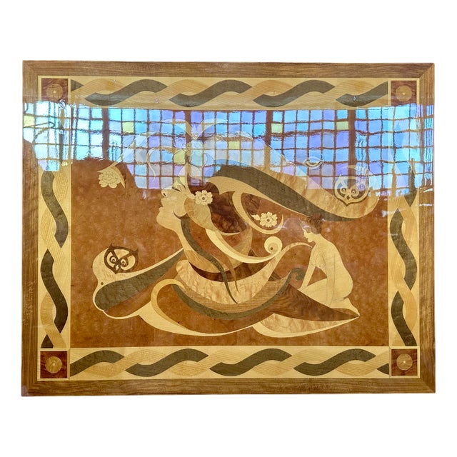 Art Nouveau Wall Art Panel with Female Motif and Wood Inlays, 1950s For Sale