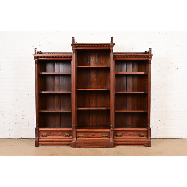 Herter Brothers Style Antique Eastlake Victorian Carved Walnut and Burl Wood Triple Bookcase, Circa 1880s For Sale - Image 11 of 11
