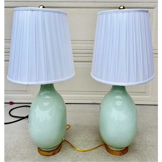 Ceramic Mid 20th Century F. Schumacher & Co. Large Celadon Green Porcelain Table Lamps - a Pair For Sale - Image 7 of 18
