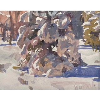 Shadow Lace by Hazel Z Weckbach | Watercolor of a snowy landscape with trees For Sale