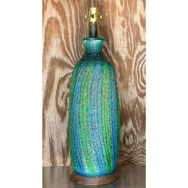 Ceramic Vintage Midcentury Textured Stripe Table Lamp For Sale - Image 7 of 12