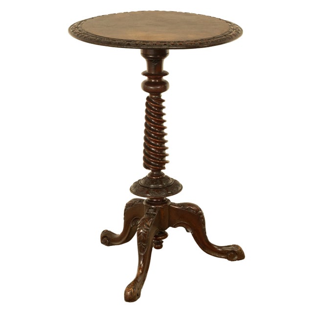 Antique Irish Carved Burl Walnut Spiral Twist Pedestal Tripod Wine Table 1860 For Sale - Image 12 of 18