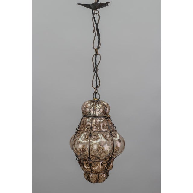 Gold Italian Venetian Amber Smoke Coloured Clear Murano Glass Caged Hanging Lantern, 1950s For Sale - Image 8 of 18