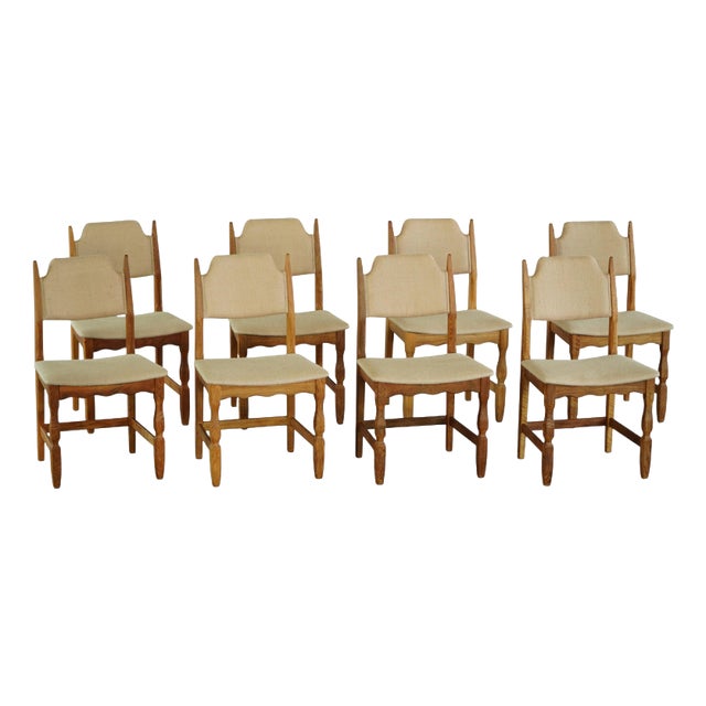 Mid-Century Modern Oak & Hessian Dining Chairs from Henning Kjærnulf, 1960s, Set of 8 For Sale