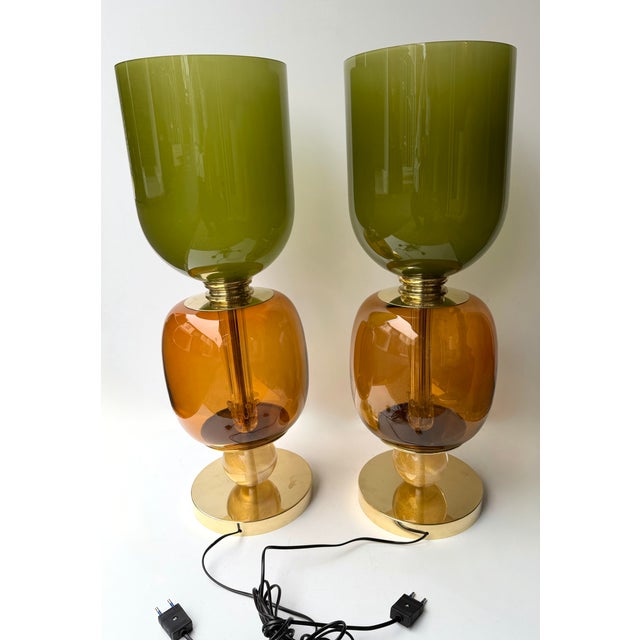 Brass Contemporary Pair of Brass and Murano Glass Green Shades Lamps, Italy For Sale - Image 8 of 11