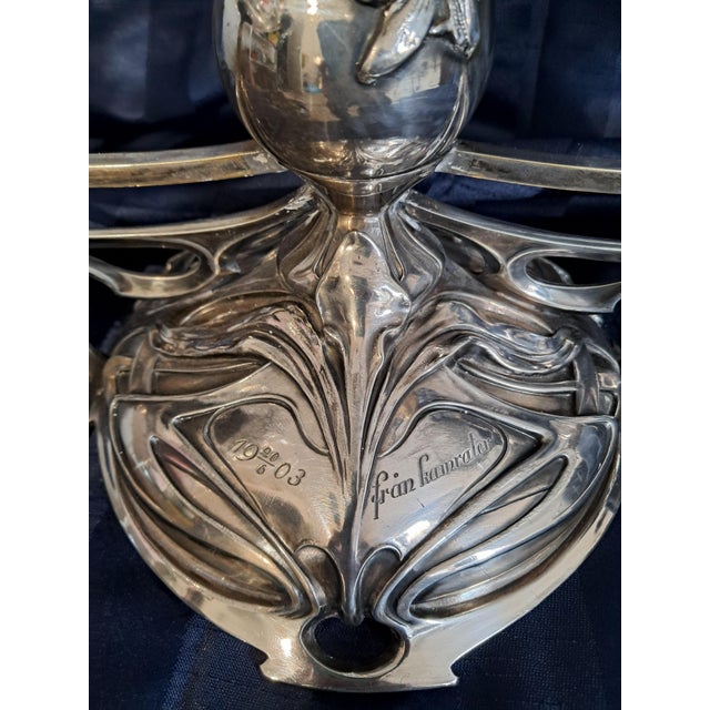 Art Nouveau Silver-Plated Centrepiece with 2 Glass Inserts and Etched Motifs, 1903 For Sale - Image 4 of 9