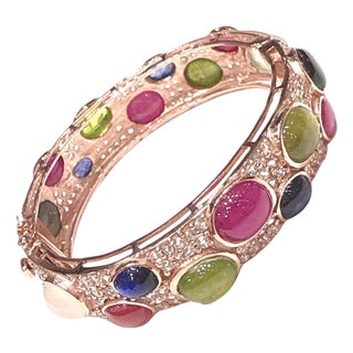 Bochic “Capri” Vintage Ruby & Fancy Sapphire Bangle Set In 18K Gold & Silver For Sale
