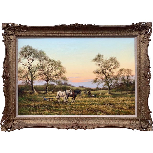 English Countryside Art - Horse Drawn Plough With Two Horses Ploughman and Dog by British Landscape Artist, 1990 Circa For Sale - Image 13 of 13