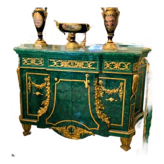 Monumental Emerald Green Louis XVI Commode Cabinet With Lock, Gold Leaf & Bronze Mounts For Sale