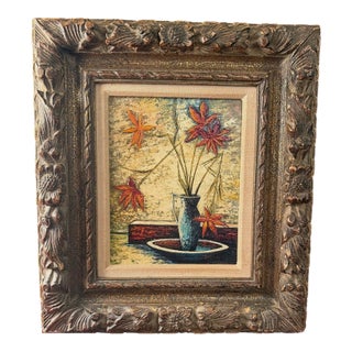 Vintage 1970s Mid-Century Impasto Floral Still Life Painting, Signed, Stiffel Label For Sale