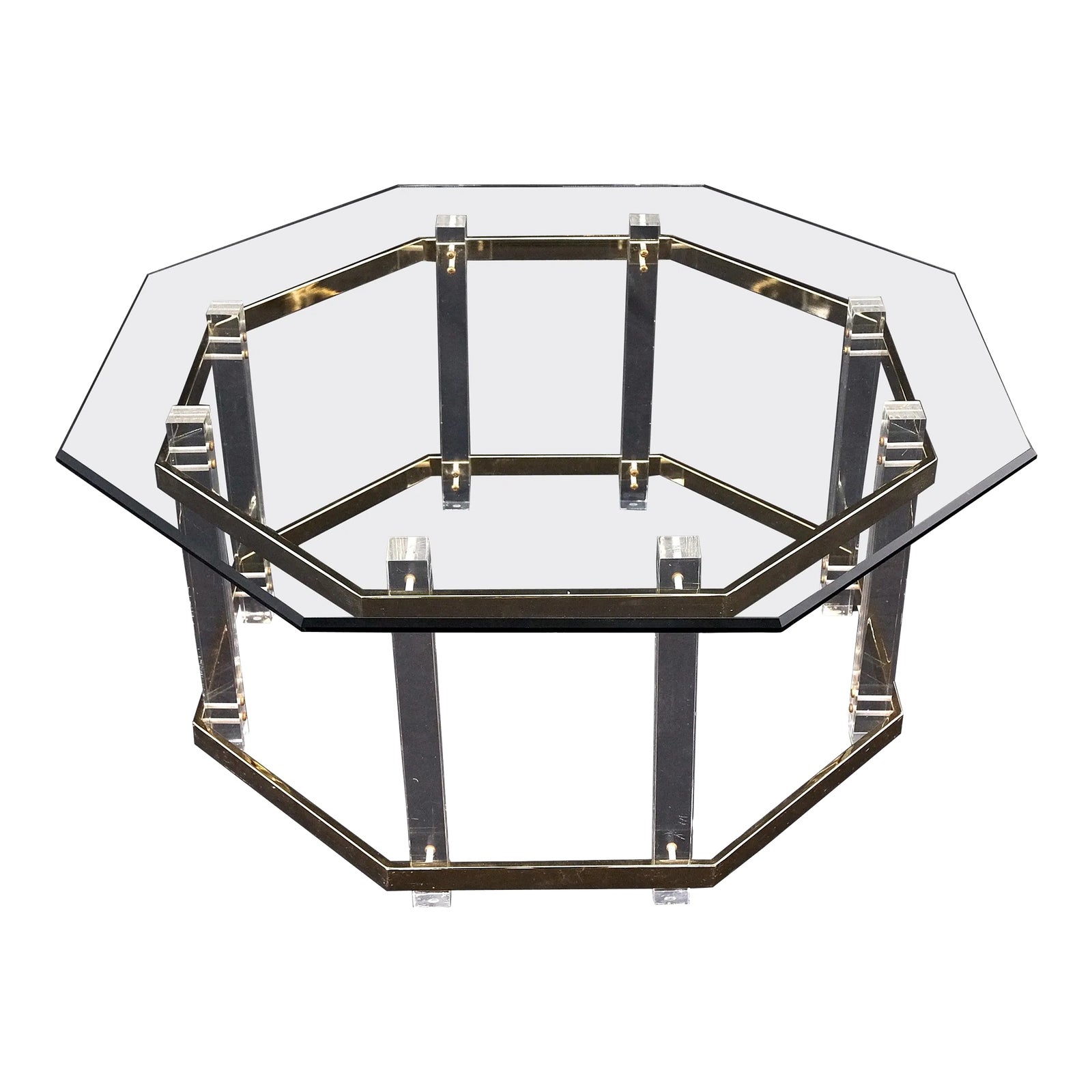 Octagonal Lucite Base Glass Top Mid-Century Modern Round Coffee Table ...
