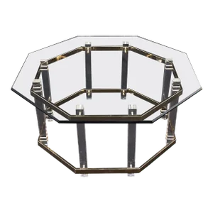 Octagonal Lucite Base Glass Top Mid-Century Modern Round Coffee Table