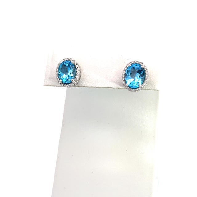 Blue Natural Topaz Diamond Stud Earrings 14k W Gold 6.98 TCW Certified For Sale - Image 8 of 17
