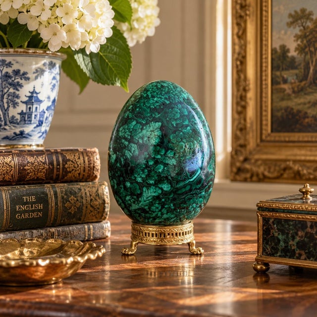 A beautifully proportioned malachite egg in richly veined shades of green and black resting on a neoclassical style brass...