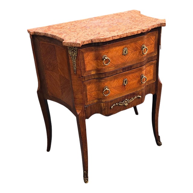 Antique 19th French Louis XV Style Marble Top Parquetry Commode For Sale