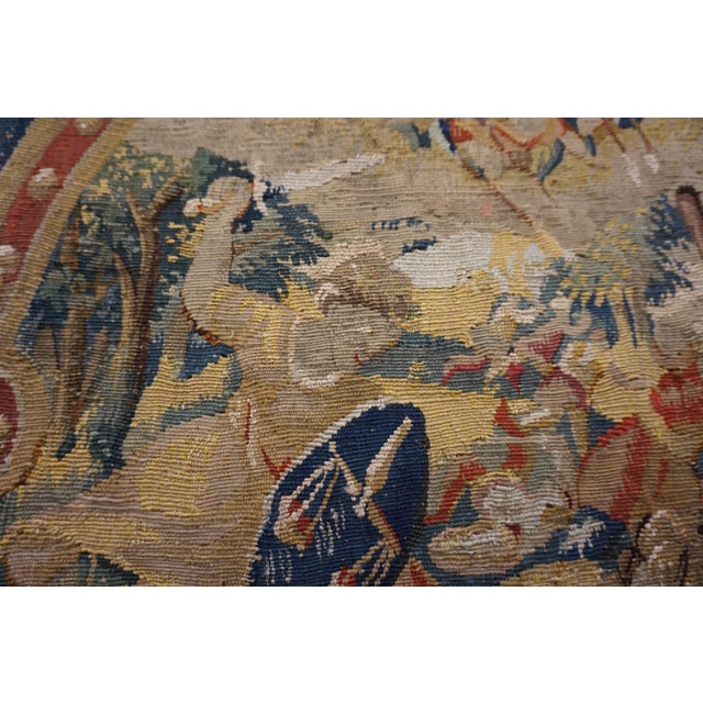 Traditional 1650s Tan Ecru Scene Figural Antique Flemish Tapestry Rug 2'3 X 2'6" Flatweave Wool Carpet For Sale - Image 3 of 4
