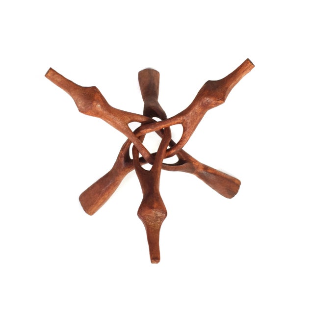 Wood Vintage Handmade Hand-Painted Mexican Pottery Vessel Pot Vase on Wooden Tripod Base For Sale - Image 7 of 10