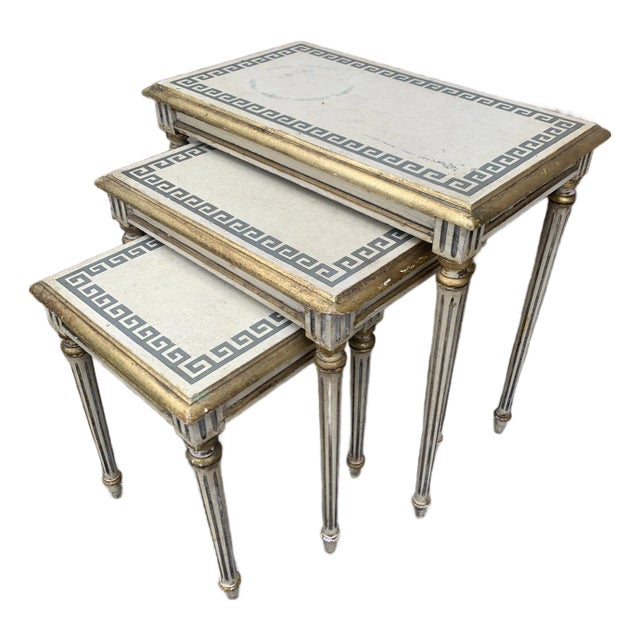 Italian Greek Key Nesting Tables in Aged Silver Leaf & Gilt, Set of Three For Sale