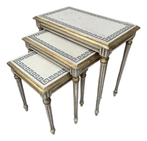 Italian Greek Key Nesting Tables in Aged Silver Leaf & Gilt, Set of Three