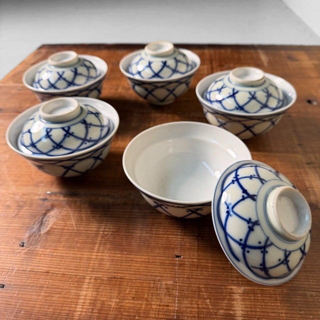 Blue Vintage Japanese Porcelain Lidded Bowls, 1970s, Set of 5 For Sale - Image 8 of 14