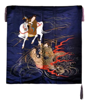 Antique 1900s Japanese Buddhist Mythology Water Dragon Silk Tapestry