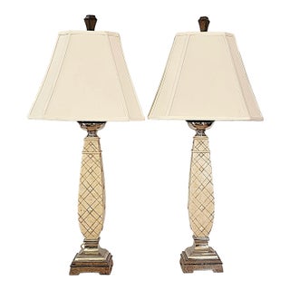 Pair of Berman Chrome, Marble & Ivory Table Lamps With Swivel Base and White Fabric Shades For Sale