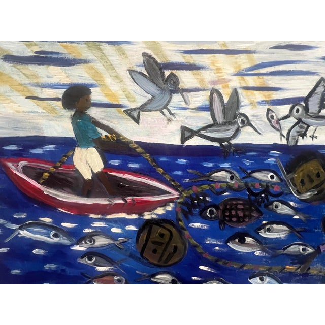 Doliver Morain (1959-), One Of A Kind Folk Art Painting On Stretched Canvas, Primitive Fishing, Signed & Dated, 2023