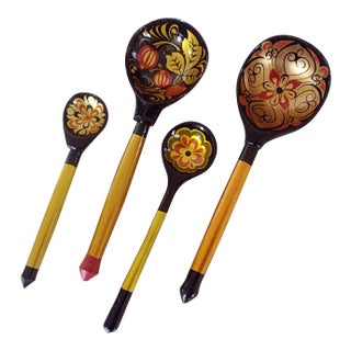 Russian Hand Painted Wooden Spoons - Set of 4 For Sale