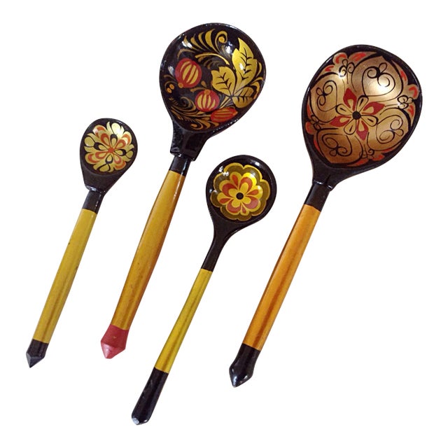 Russian Hand Painted Wooden Spoons - Set of 4 For Sale