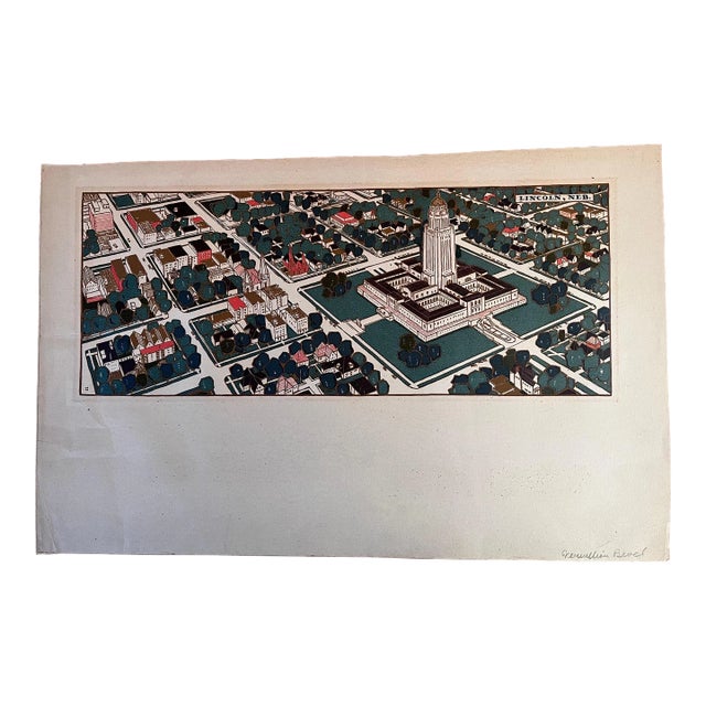 Mid 20th Century Aerial View of Lincoln Nebraska Signed Art Print For Sale