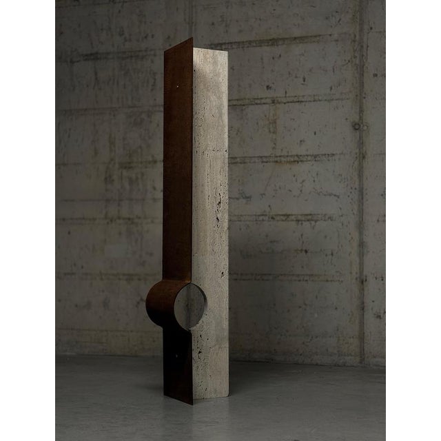 Oculus x floor lamp in oxidized iron & travertine by d´ark atelier unique piece dimensions: d 30 x w 30 x h 150 cm....