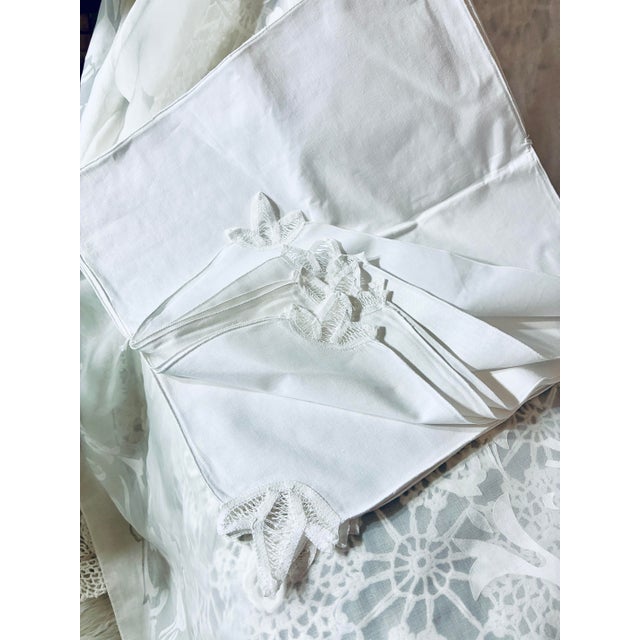 Vintage Handmade White Battenburg Lace Napkins Embroidered Borders Cotton - Set of 12 For Sale - Image 4 of 11