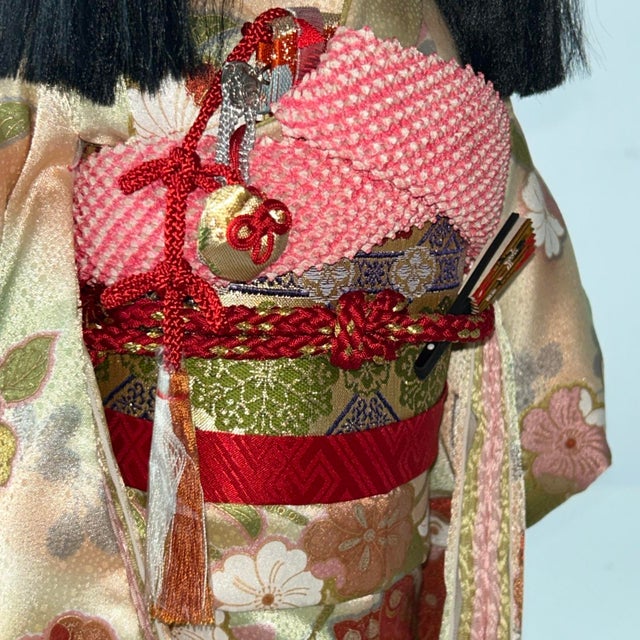 Mid 20th Century Traditional Japanese Ichimatsu Ningyo Doll Standing Ornate Floral Kimono 18.5”h For Sale - Image 9 of 12
