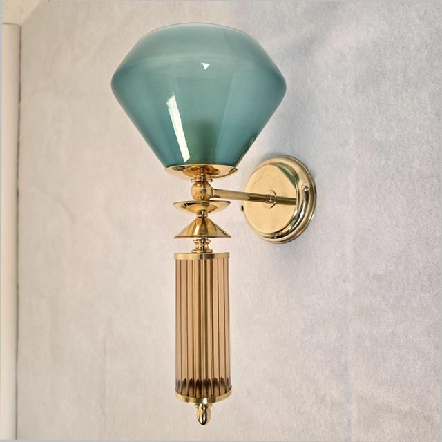 Metal 1990s Pair of Blue and Beige Murano Glass Sconces For Sale - Image 7 of 11