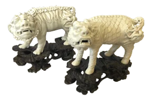 Mythical Antique Chinese Porcelain Fu Lion Pair on Stands