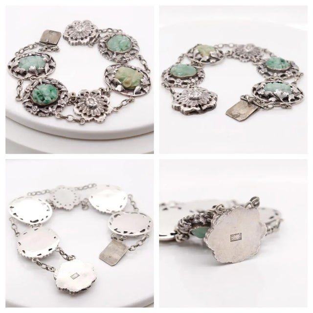 Vintage Signed Art Deco Chinese Sterling Silver & Jadeite Bracelet For Sale - Image 12 of 12