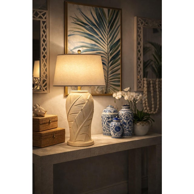 Late 20th Century Late 20th Century Hollywood Regency Palm Beach Sculptural Leaf Table Lamp With Linen Shade For Sale - Image 5 of 12