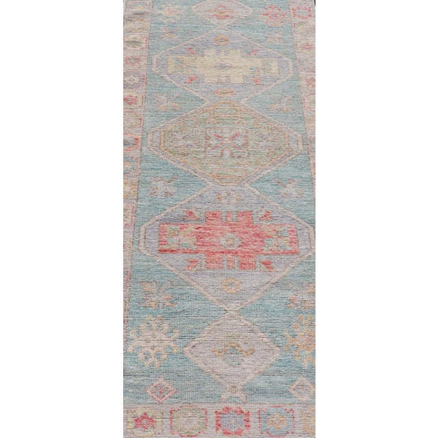 Teal Modern Small Oushak Runner With Teal-Blue Background and Medallion Motif For Sale - Image 8 of 11